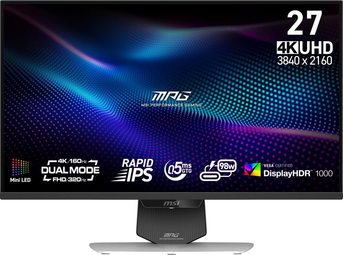 MSI MPG 274URDFW E16M Monitor para juegos de 27" 3840 x 2160 (UHD), 160Hz, AMD Adaptive Sync, HDR Ready, HDMI, VGA, compatible con VESA, inclinable, bisel delgado en 4 lados, 0.5ms, blanco