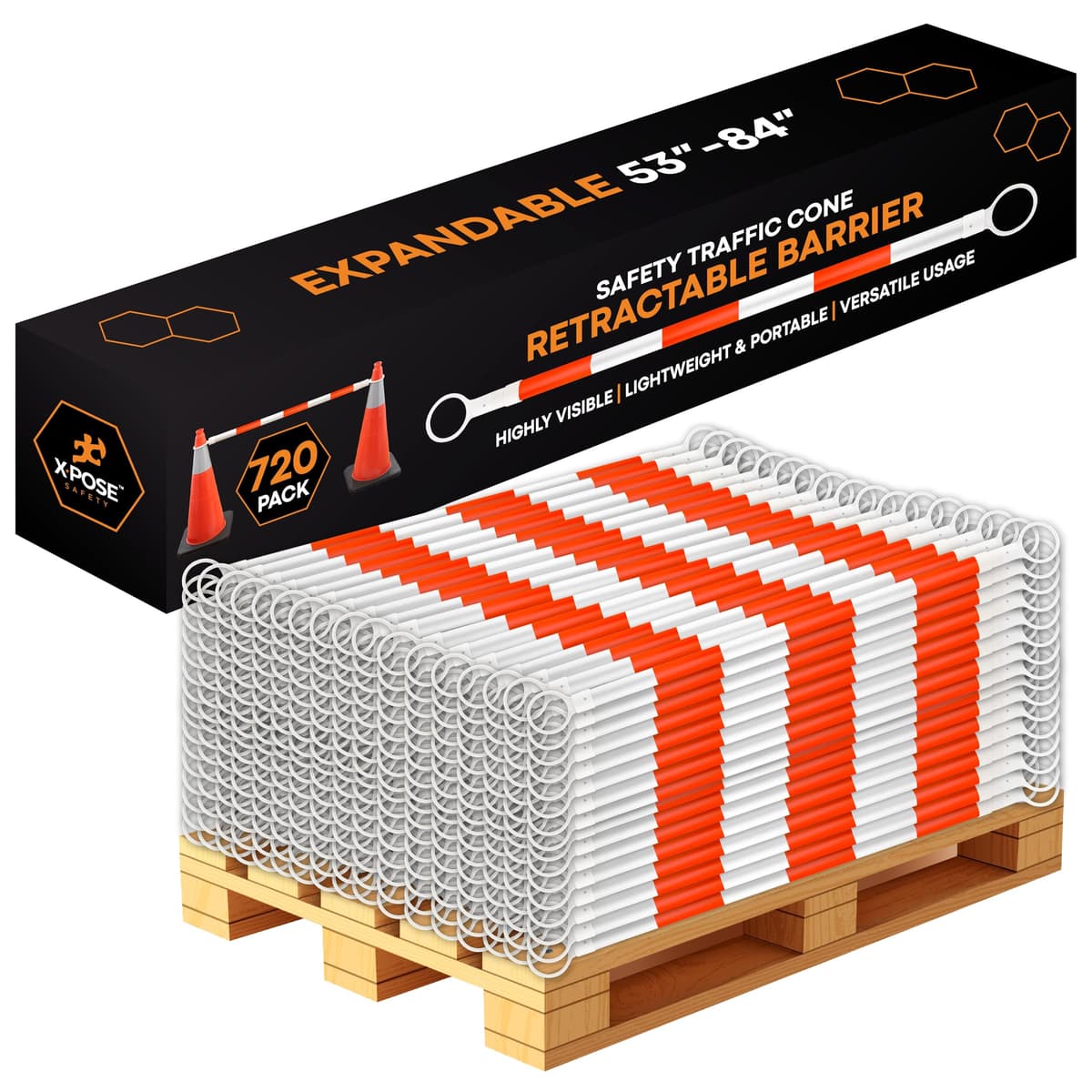 Barrera retráctil reflectante Xpose para conos de seguridad - Paquete a granel de 720, palé completo, naranja/blanco, expandible 53″-84″ para construcción, estacionamiento y control de multitudes CBY-CBO-PARENT