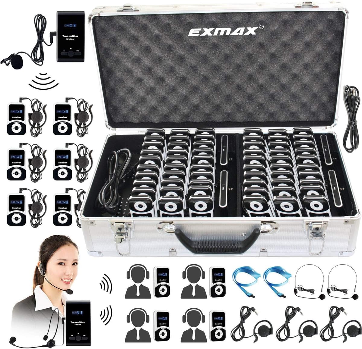 EXMAX ATG-100T Sistema de audioguía inalámbrico 4 transmisores + 60 receptores con estuche de carga ATG-100TWithChargeCase64Wei72-76MHZ