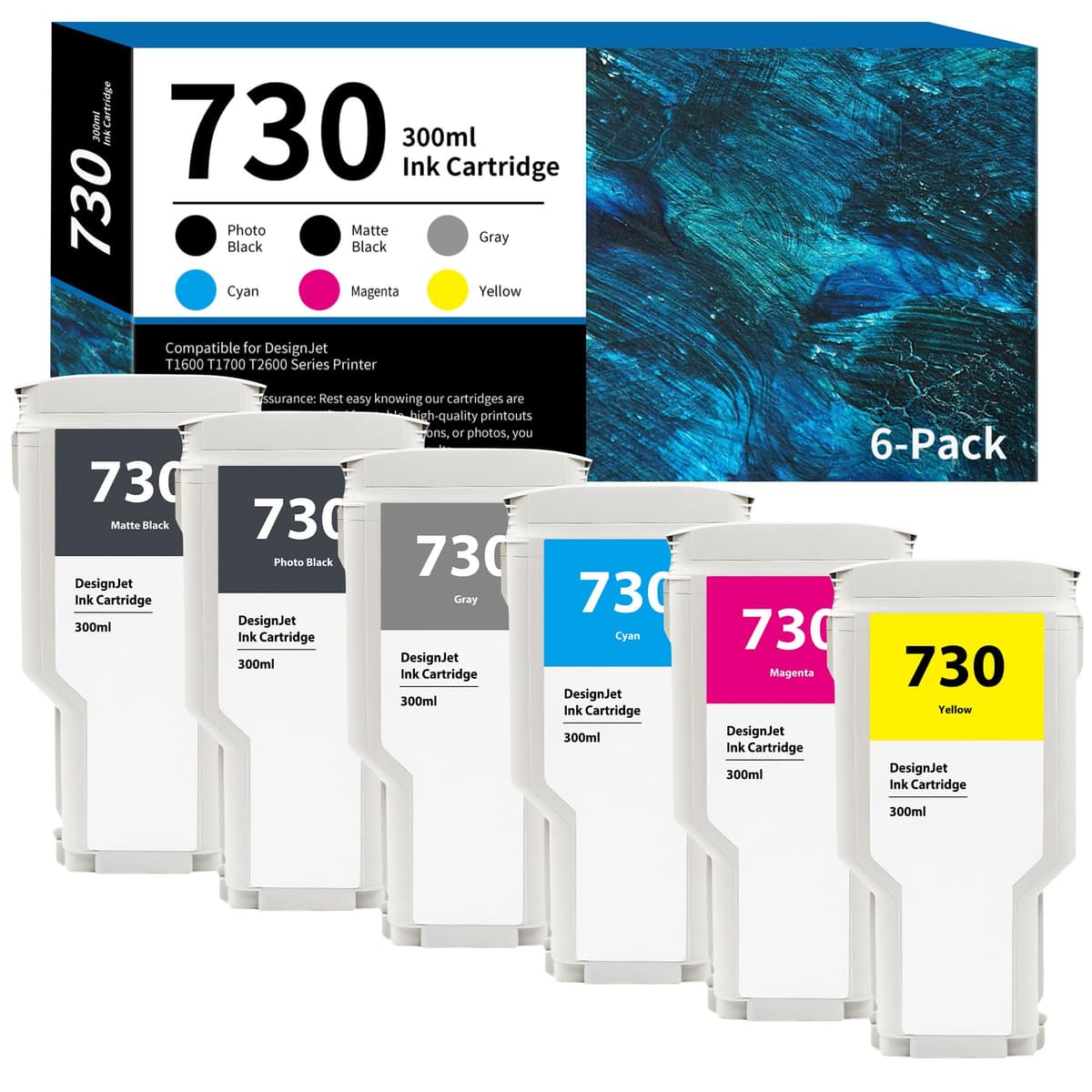 RumbaRex Cartuchos 730 Alta Capacidad 300ml - Pack 6 para HP DesignJet (P2V68A-P2V73A) 730 Ink Cartridge
