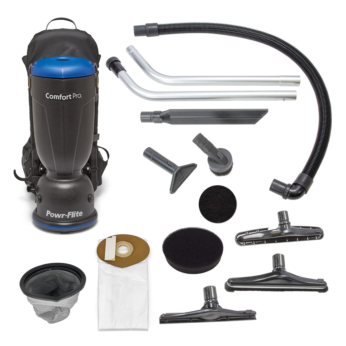 Powr-Flite Comfort Pro BP6S Aspiradora tipo mochila comercial HEPA 6QT con kit de herramientas premium