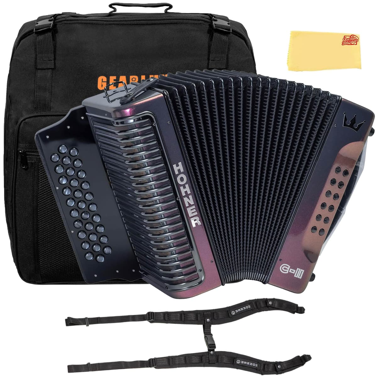 Hohner Corona C-II F/Bb/Eb Accordion Bundle (Rojo a Dorado) con Funda y Accesorios AUS-C-II-FBBEB-RTG-COMBO-DLX