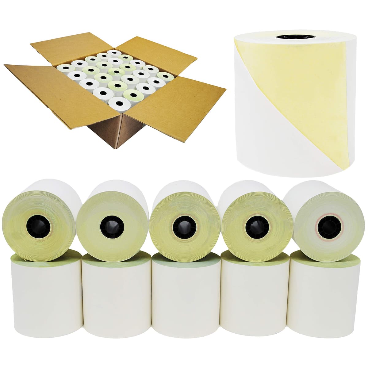 BuyRegisterRolls Paquetes de rollos carbonless 2 capas 3 x 100 ft Blanco/Canary (500 rolls - 10 cases) BRR