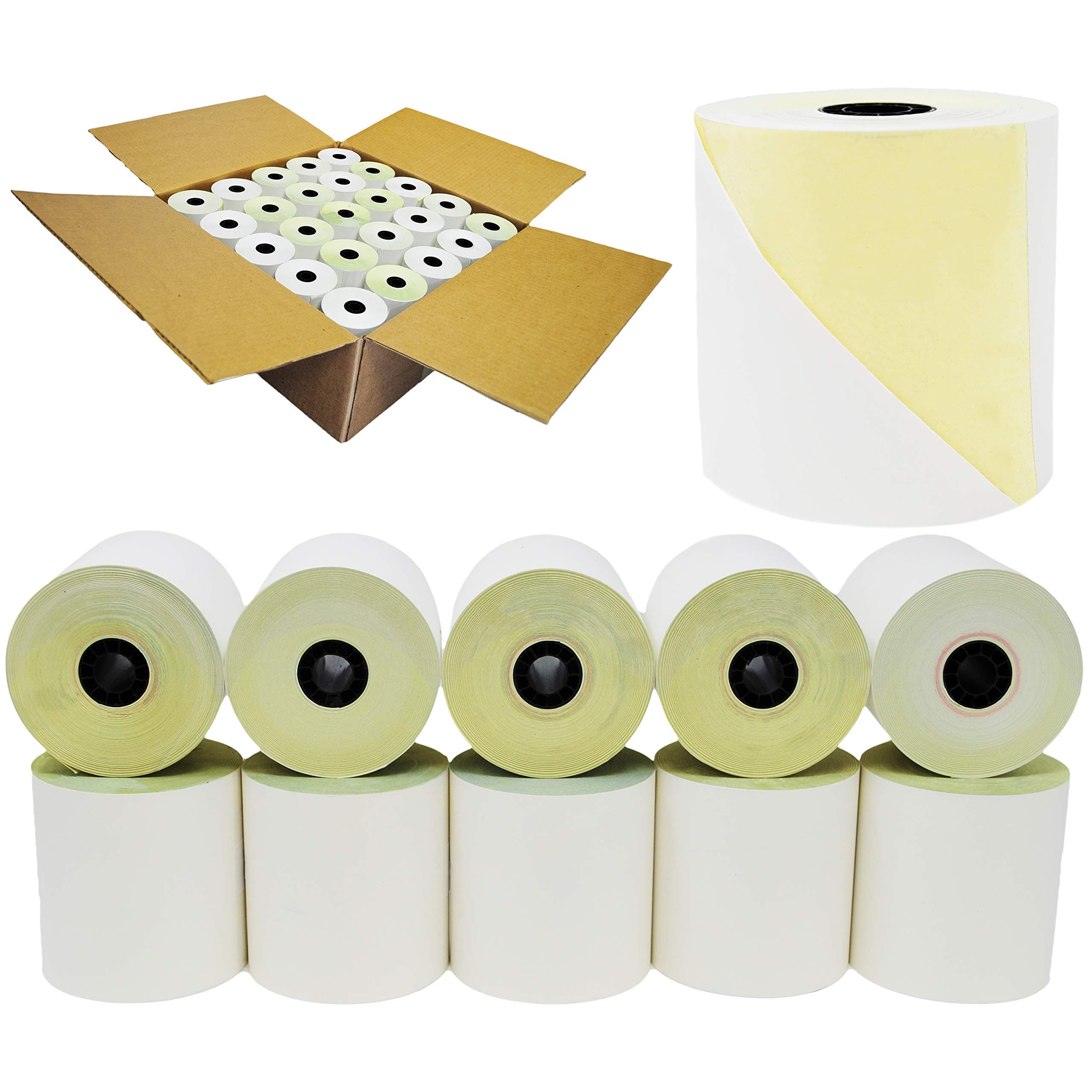 BuyRegisterRolls Paquetes de rollos carbonless 2 capas 3 x 100 ft Blanco/Canary (500 rolls - 10 cases) BRR