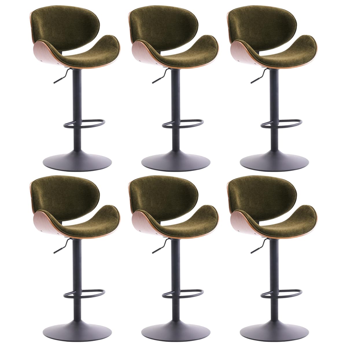 Juego de 6 Taburetes Altos Verdes Kidol & Shellder con Respaldo de 21" de Ancho, Giratorios, Altura Ajustable, Tapizados en Chenilla, Taburetes de Madera Curvada para Barra de Cocina/Isla, Capacidad 150 kg