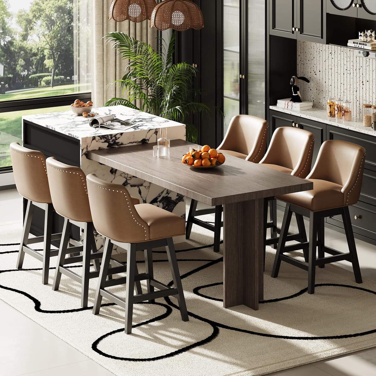 Juego de 6 Taburetes Giratorios MALOL, Altura de Barra 27", Asientos Acolchados y Patas de Madera Maciza, Taburetes Tapizados para Isla de Cocina o Rincón de Desayuno (Marrón) Swivel Bar Stools