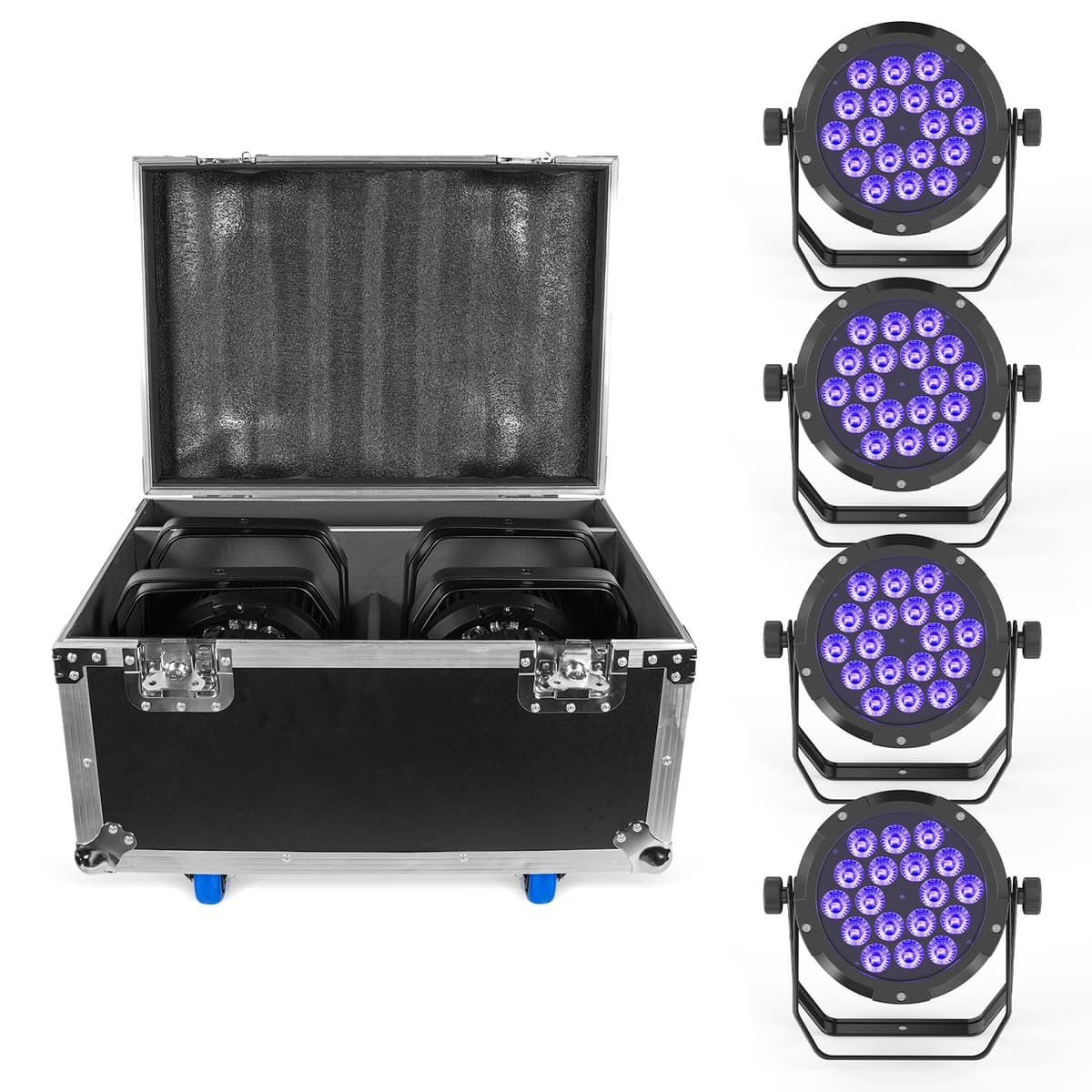 ZonQoonz Pack 4 LED Par IP67 Impermeable 18x18W RGBWA+UV 6-en-1 con Flight Case ZQ01511