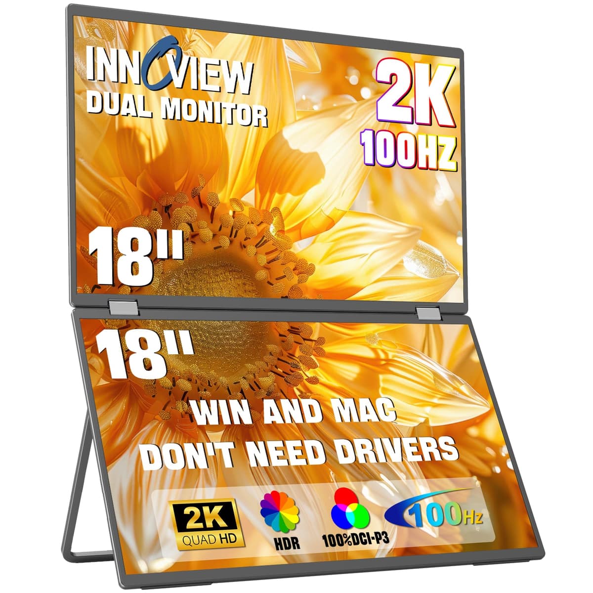 InnoView 18" Monitor Portátil Dual 2K 100Hz 100% DCI-P3 HDR Tipo-C HDMI DP Plegable US-INVPM809