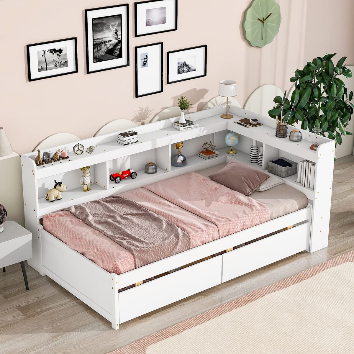 RUNWON Twin Size Platform Bed con Estantería en L y 2 Cajones, Cama Daybed para Niños y Adolescentes