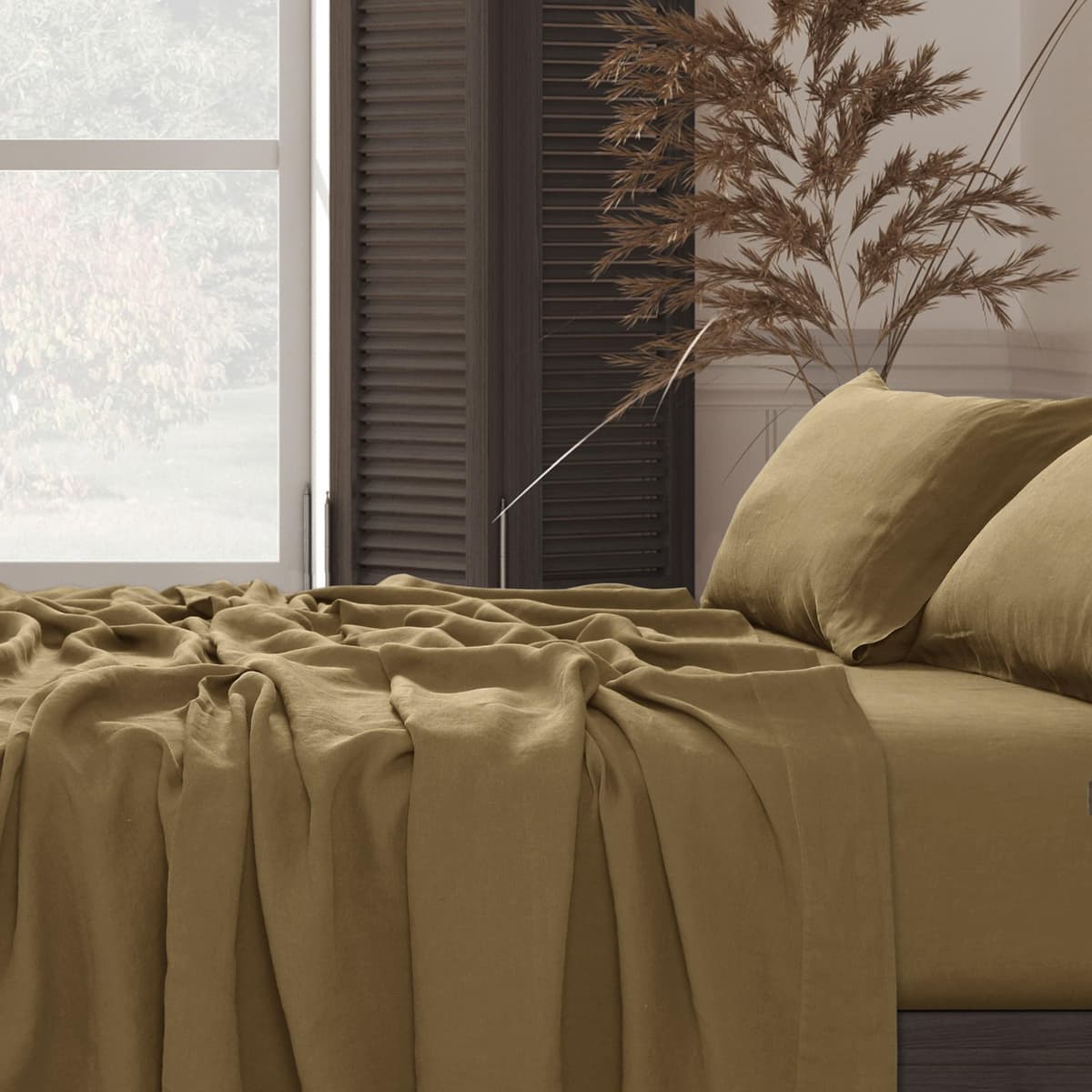 Tribeca Living 100% French Linen 4-Piece Bed Sheet Set, Earth Oak, Cal King - Extra Deep Pocket TLLINENSSCKEO