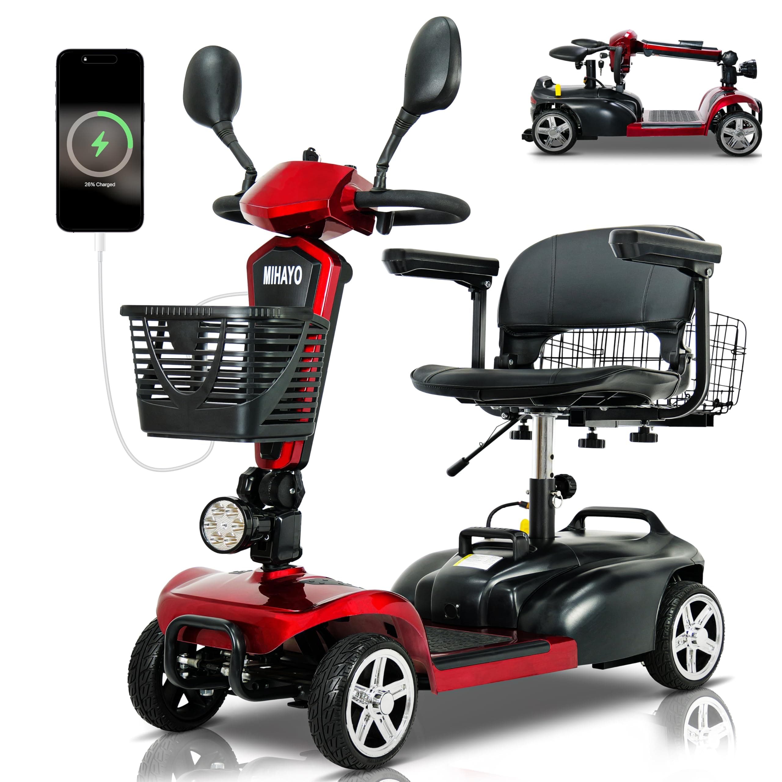 MIHAYO Scooter eléctrico plegable 4 ruedas, 30 Miles, 720WH, 300 lb, Rojo S1