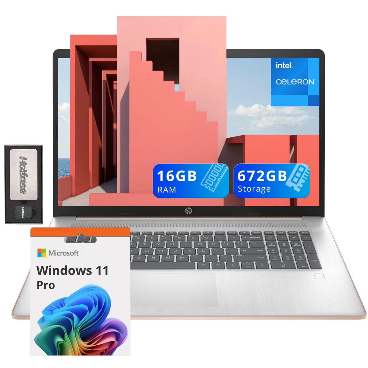 HP 17.3" HD+ BrightView portátil, Intel Celeron N4120, 16GB DDR4 RAM, 672GB almacenamiento (512GB SSD + 160GB estación de acoplamiento), Intel UHD Graphics, teclado numérico, cámara 720p, Wi-Fi, Windows 11 Pro, Rosa Dorado
