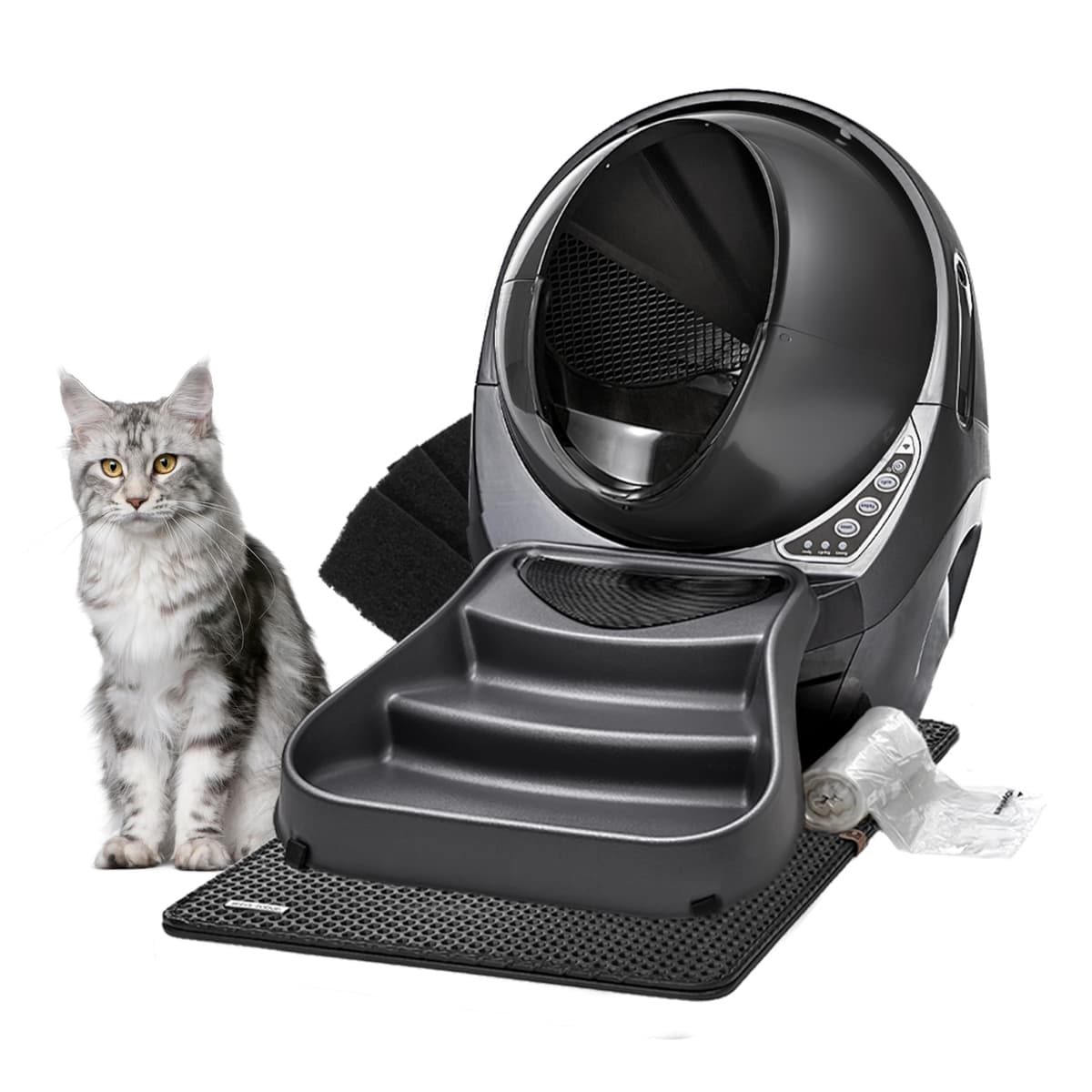 Litter-Robot 3 Connect Core Bundle de Whisker, Gris - Incluye Caja de Arena Automática y Autolimpiante, Alfombra LitterTrap, Cerca, Rampa, 25 Forros, 3 Filtros de Carbón y Garantía de 1 Año WhiskerCare M-3