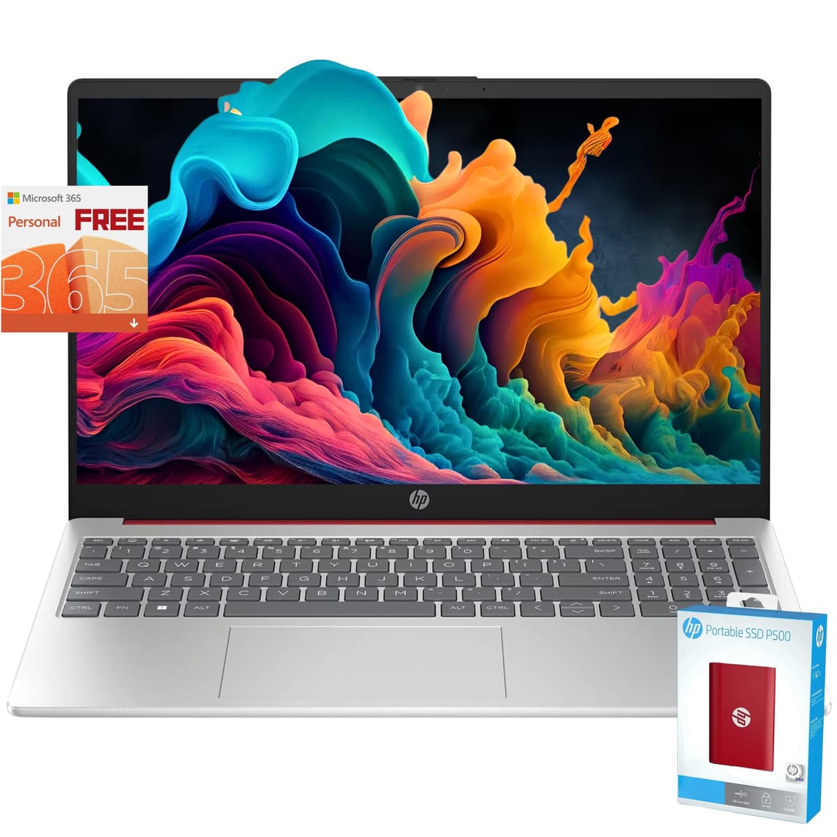 HP Essential 15,6" Antirreflejo HD Laptop, Procesador Intel Quad-core, 16GB RAM, 628GB Almacenamiento (128GB UFS + 500GB SSD Portátil), Office 365 1 Año, Hasta 11 hrs Batería, Win11 S, Rojo Escarlata