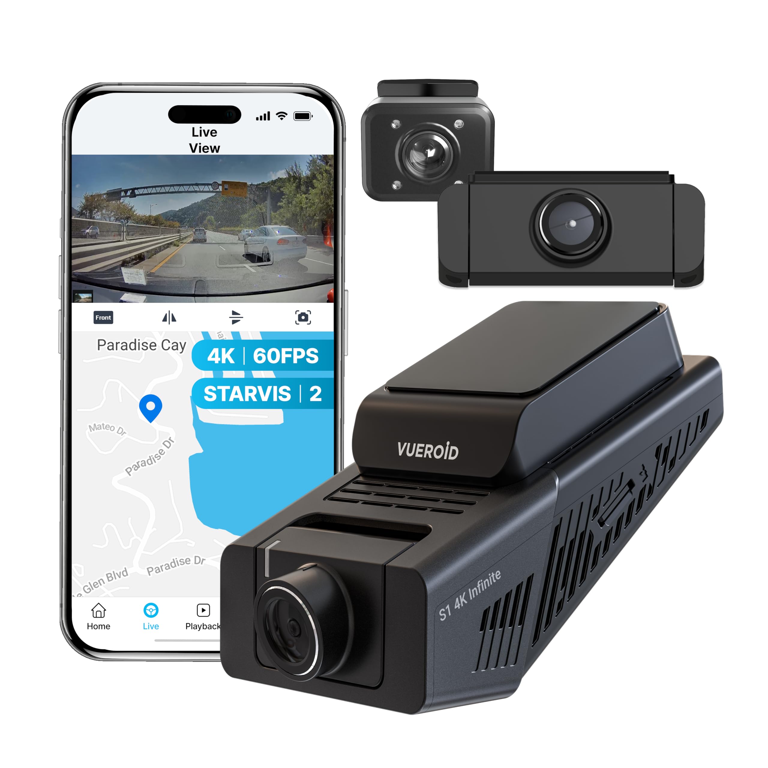 Vueroid S1 Dash Cam 3 Canales 4K+2.5K+FHD con STARVIS 2 y Grabación 24/7 S10-UQ 3CH