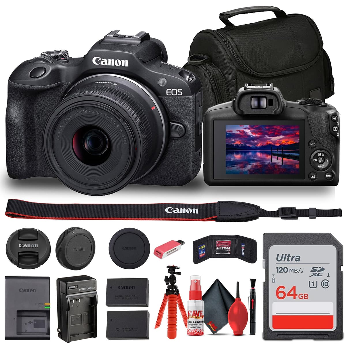 Canon EOS R100 Cámara sin espejo con lente 18-45 mm (6052C012) + bolsa + tarjeta 64 GB + batería LPE17 + cargador + lector de tarjetas + trípode flexible + kit de limpieza + funda para tarjetas (reacondicionado) 6052C012_EDIRE_1