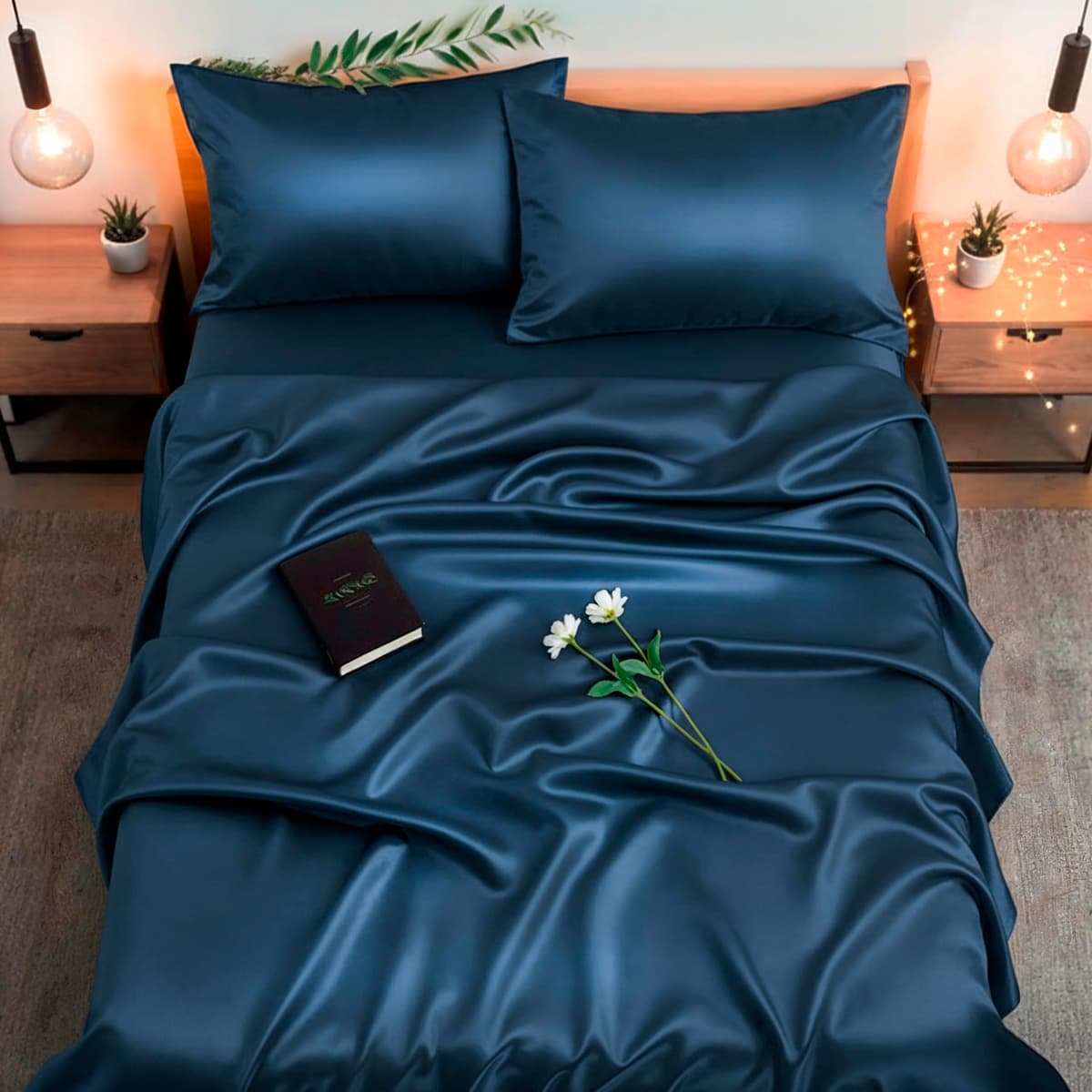 Colorado Home Co SUNDAYSILKS | Sábanas de cama 100% seda de morera | Juego de 4 piezas de sábanas de seda de morera King | Juego de ropa de cama de seda natural | Suave y durable [Azul medianoche] B0B4V71HWW_CA NARF