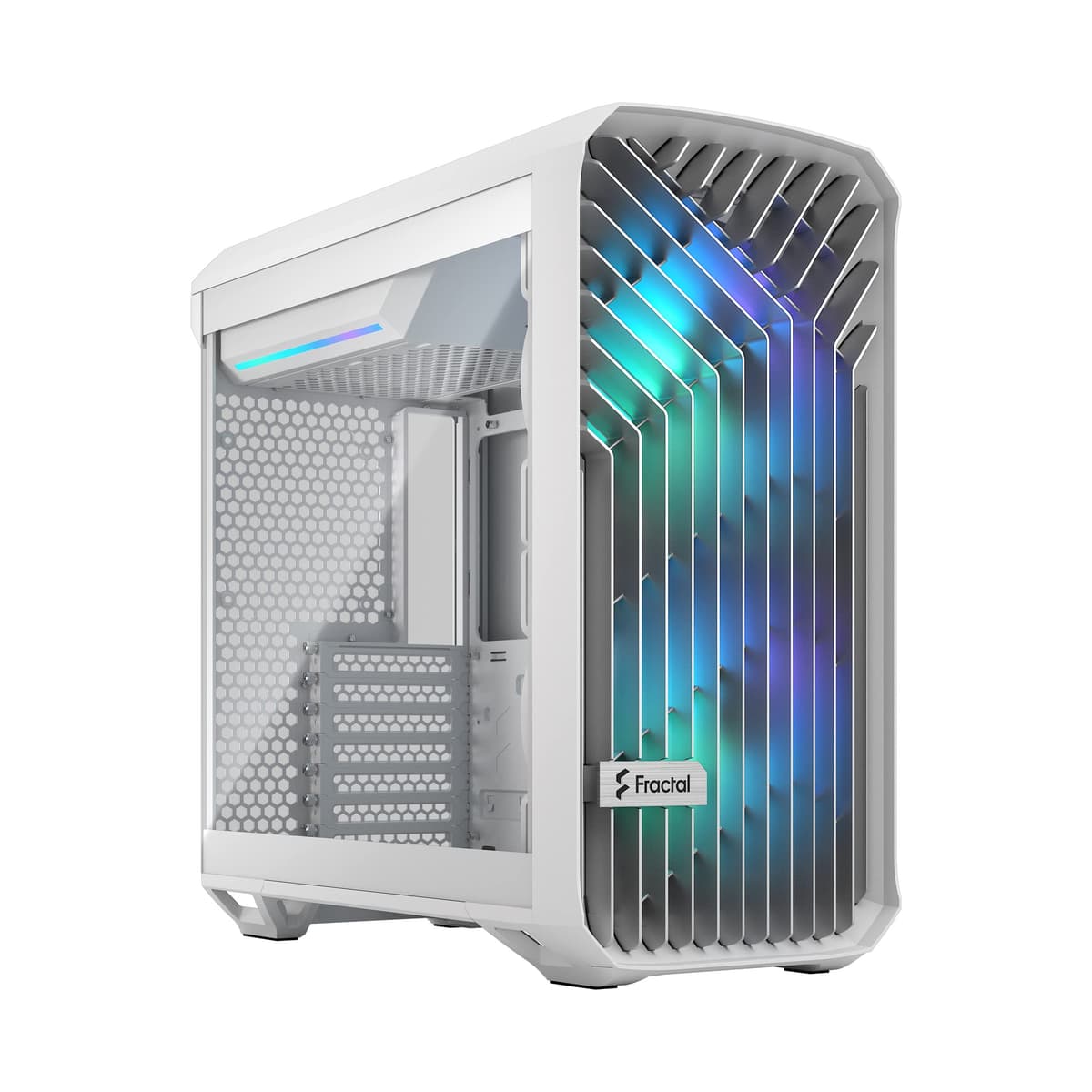 Fractal Design Torrent Compact RGB Blanco - Panel Lateral de Vidrio Templado Tono Claro - Rejilla Abierta para Máxima Admisión de Aire - Dos Ventiladores RGB PWM de 180 mm Incluidos - Tipo C - Gabinete Mid Tower ATX de Flujo de Aire para PC Gaming FD-C-TOR1C-05
