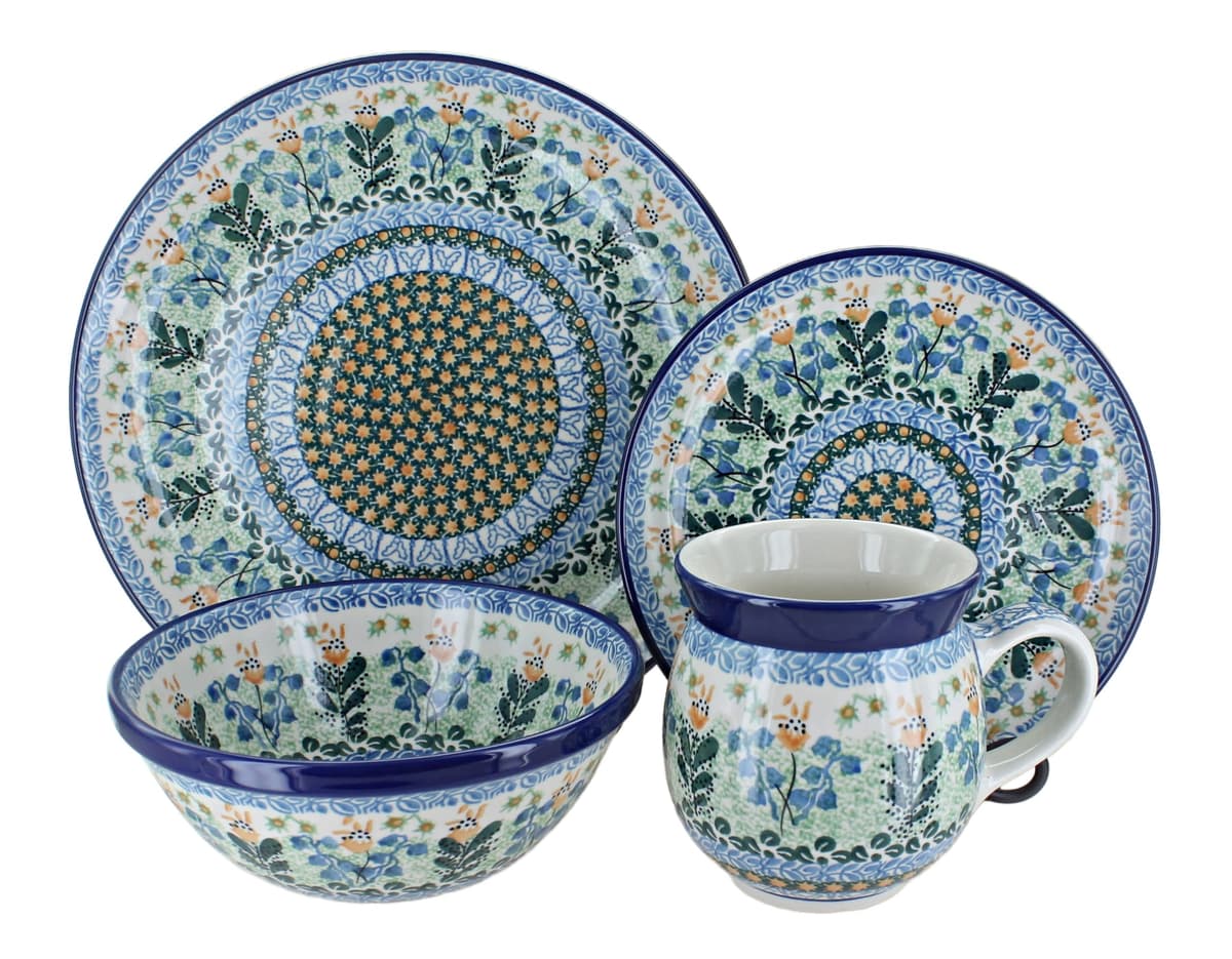Blue Rose Polish Pottery juego de cena 16 piezas Yellow Lily of the Valley, 4 servicios 1000-U1783-4