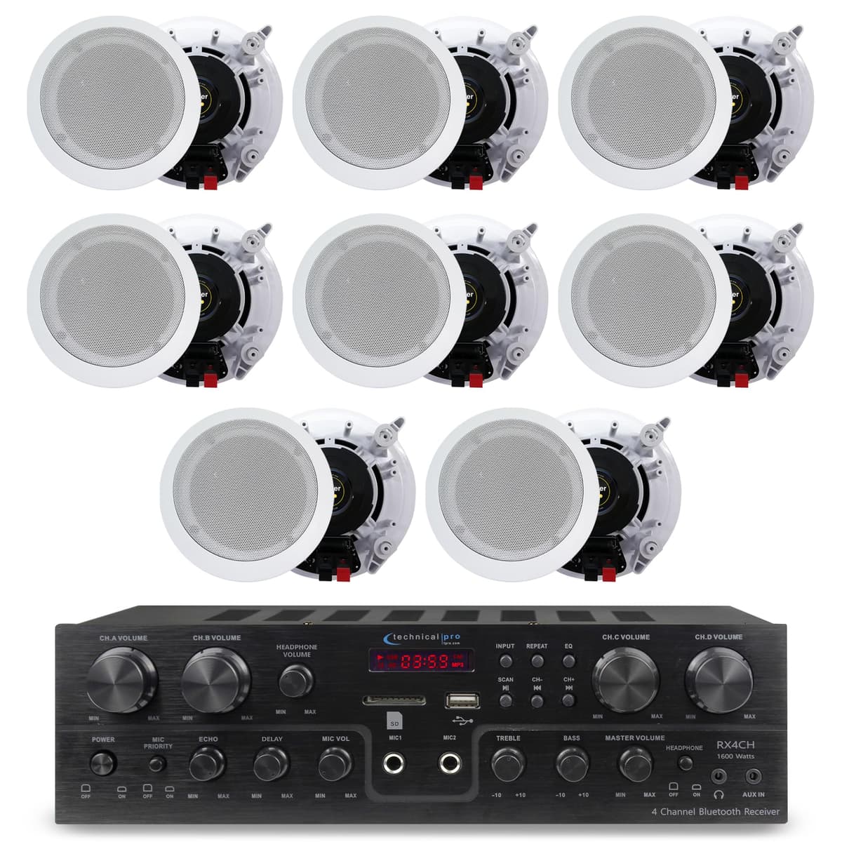 Technical Pro KTRX4WR1928 Sistema receptor estéreo Bluetooth 4 canales 1600W con 4 pares de parlantes 5.25” empotrables