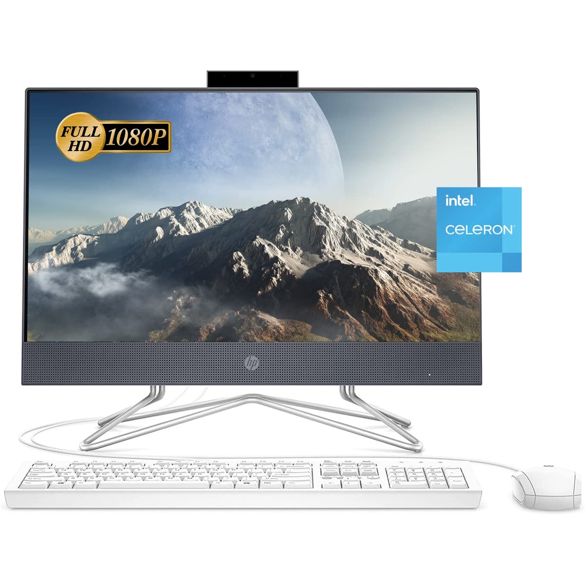 HP All-in-One 2022, Pantalla FHD 21.5", Procesador Intel Celeron G5905T, 16GB RAM, SSD PCIe 1TB, Cámara web, DVD-RW, Wi-Fi, HDMI, Bluetooth, Teclado y Mouse con cable, Windows 11 Home, Azul