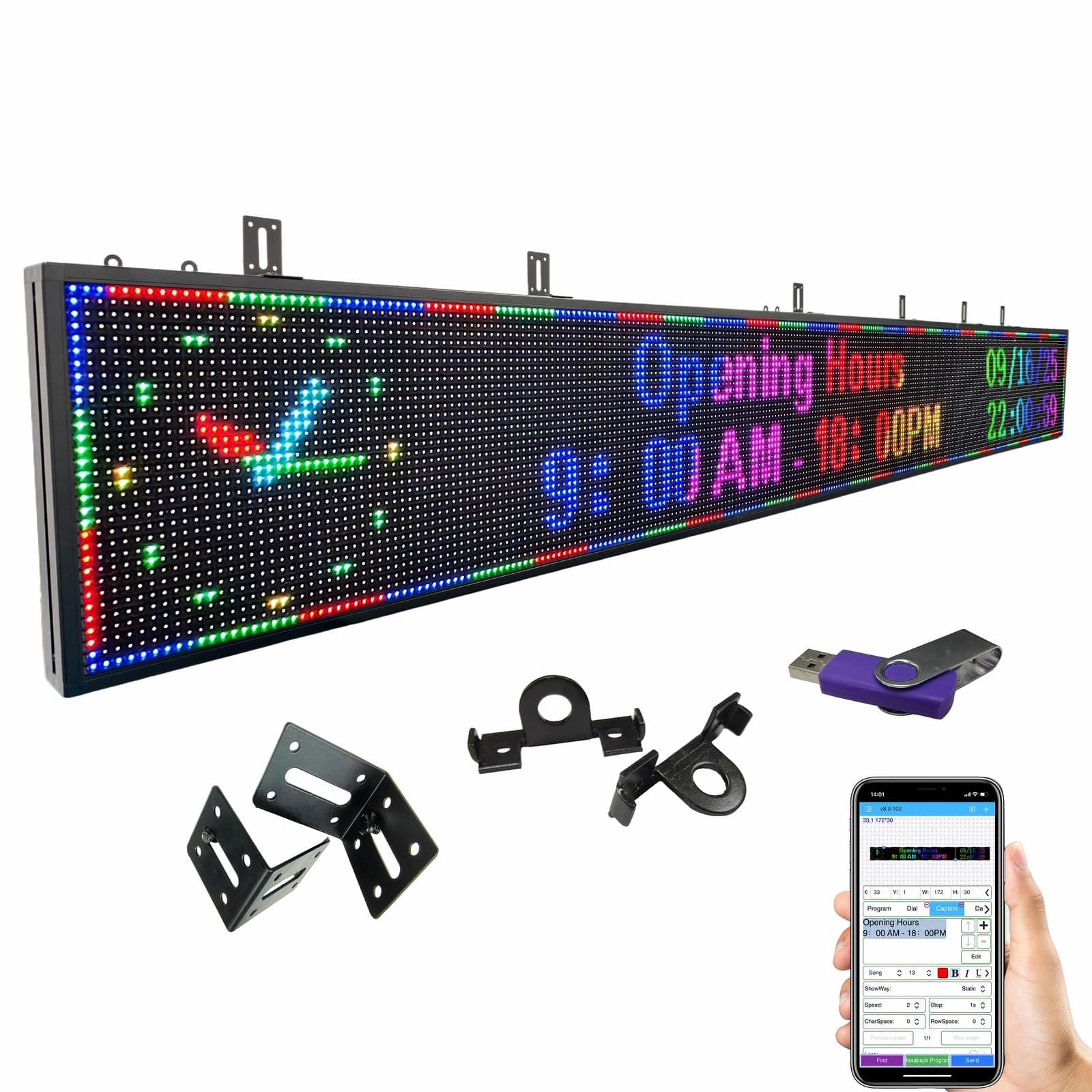 YiAegisyn Letrero LED Programable P10 115"x14" Exterior, Scrolling, Impermeable con WiFi YTP1092