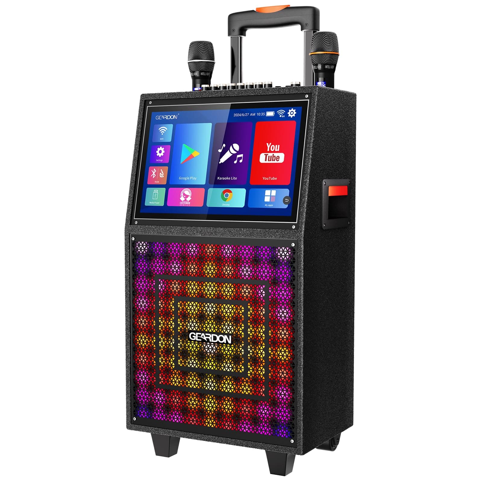 GEARDON Karaoke Machine con Pantalla y Tablet Integrada 15" - 2 Micrófonos Inalámbricos, 1000W Peak, Bluetooth GDSG10