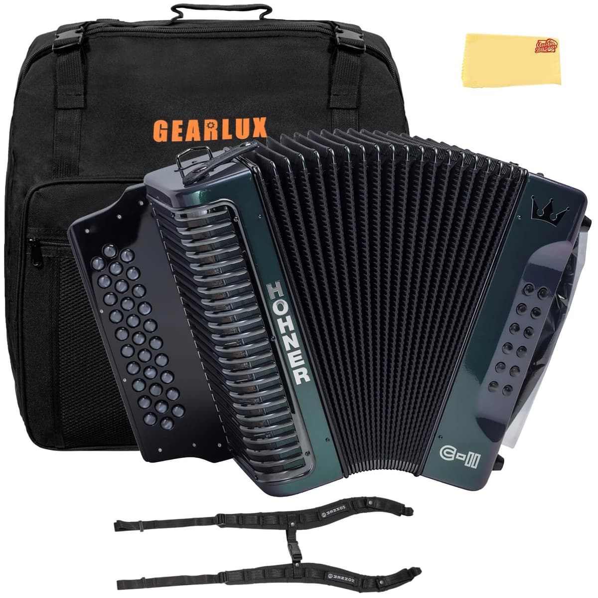 Hohner Corona C-II G/C/F Accordion Bundle (Verde a Dorado) con Funda y Accesorios AUS-C-II-GCF-GRTG-COMBO-DLX