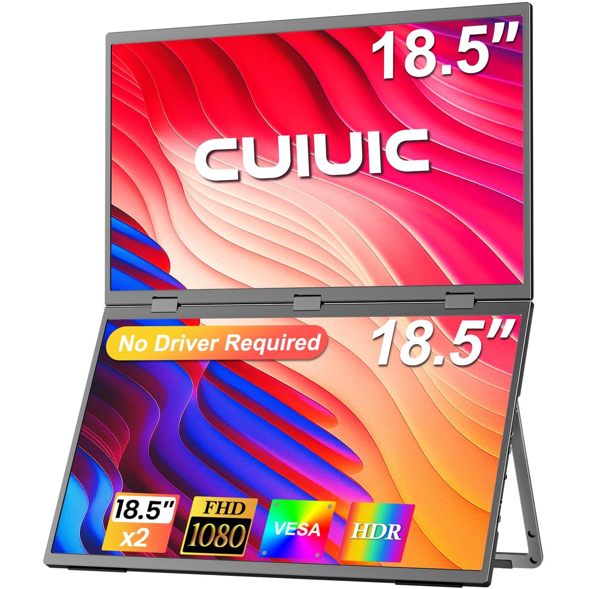 CUIUIC Monitor Portátil Dual, 18.5" 1080P FHD IPS Plegable Apilable Extensor Triple de Pantalla para Laptop, USB-C Plug & Play Pantalla Extendida de Viaje para Laptop PC Windows Mac con Soporte y Compatible con Montaje VESA 185KS1