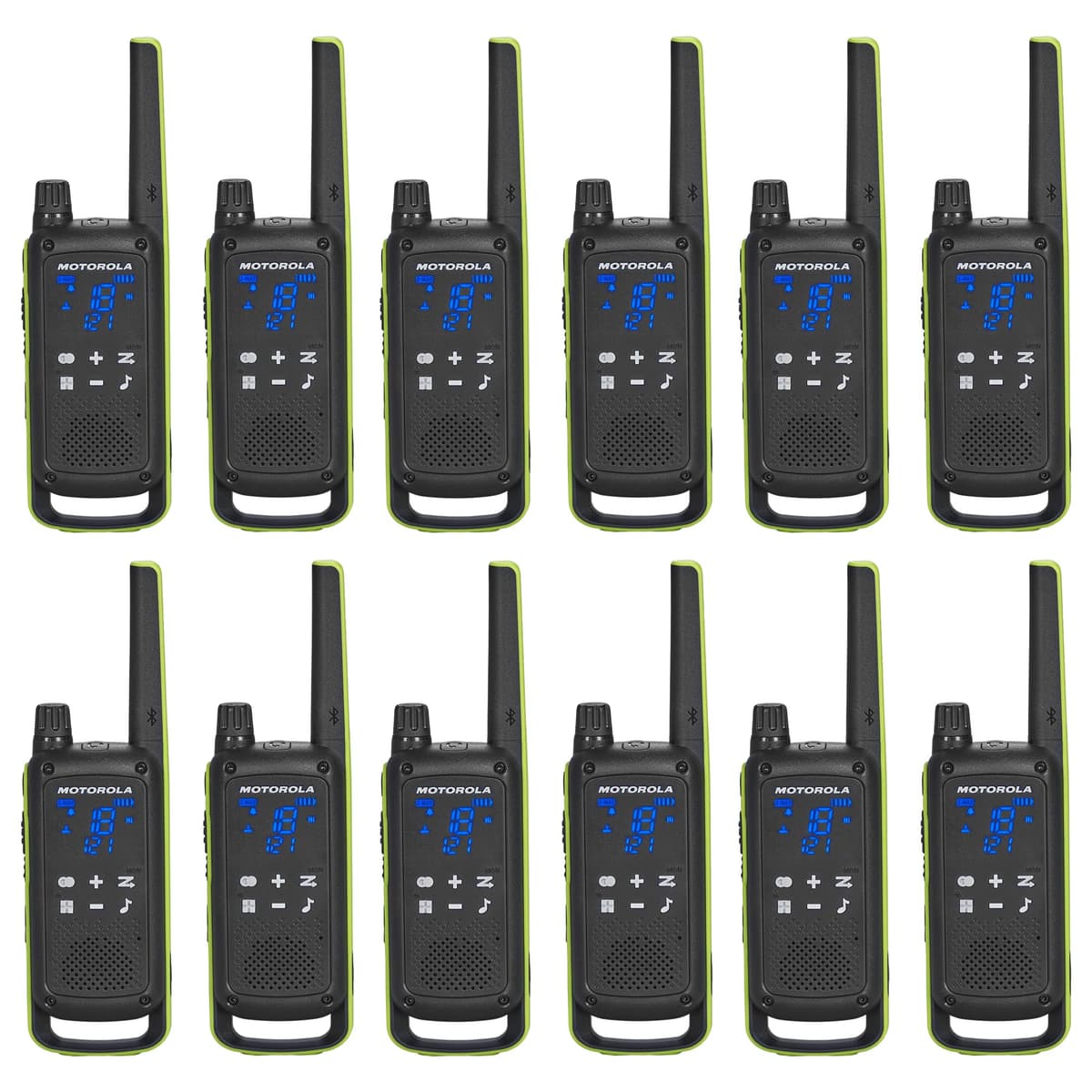 Motorola Solutions TALKABOUT T803 Radio bidireccional pack de 12 (Verde Lima) con Bluetooth y estación de carga