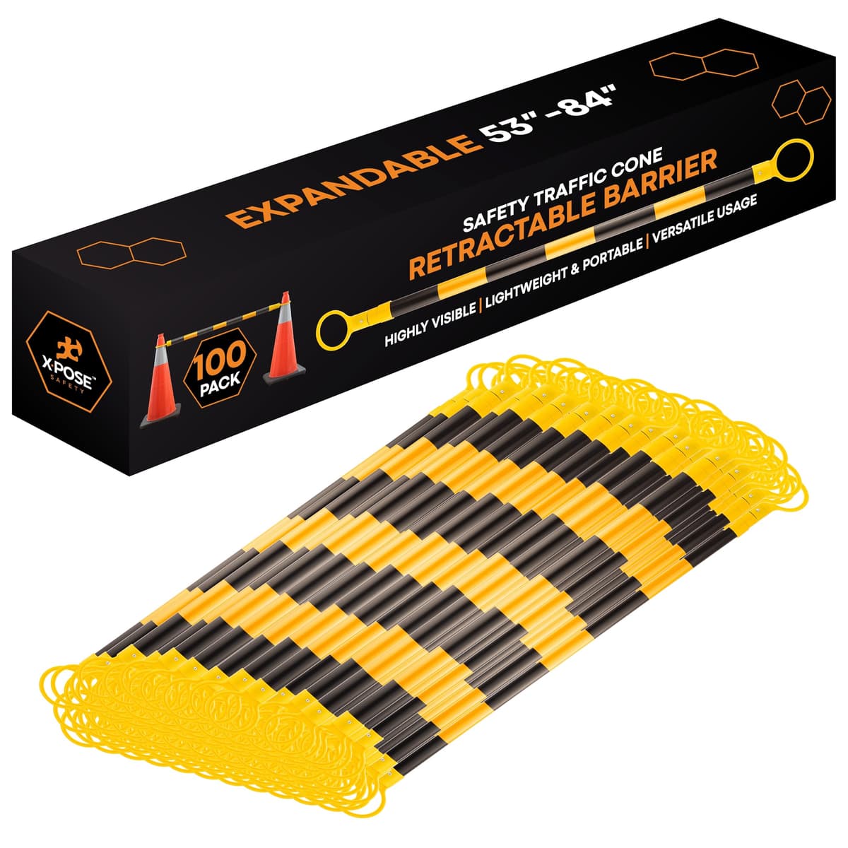 Barrera retráctil reflectante de seguridad Xpose para conos de tránsito - Paquete de 100, amarillo/negro, expandible 53″-84″ para construcción, estacionamiento y control de multitudes CBY-CBO-PARENT