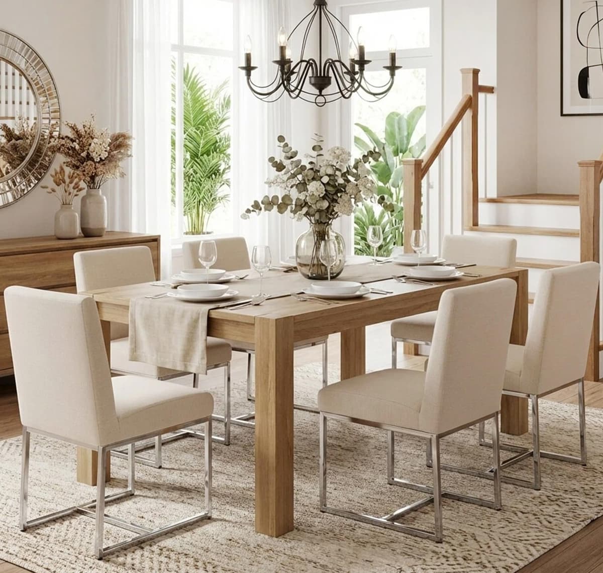 VESCASA Juego de 6 Sillas de Comedor Tapizadas en Lino con Estructura Cromada, Estilo Mid Century