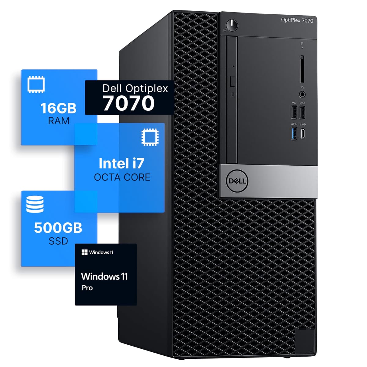 Computadora de Escritorio Dell Optiplex 7070 Tower | Intel i7-9700 (3.4) | 16GB RAM DDR4 | SSD de 500GB | Windows 11 Pro | Adaptador PCIe Wi-Fi 6 Interno (Reacondicionado)