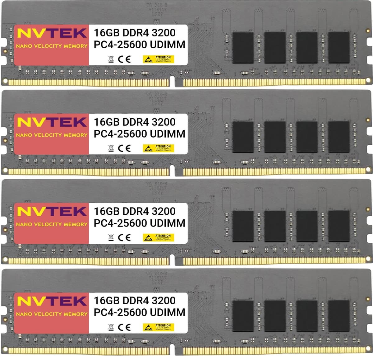 NVTEK 64GB (4x16GB) DDR4 3200MHz PC4-25600 UDIMM 2Rx8 1.2V CL22 288 pines No ECC No registrado Memoria para PC de escritorio KIT 759170878598