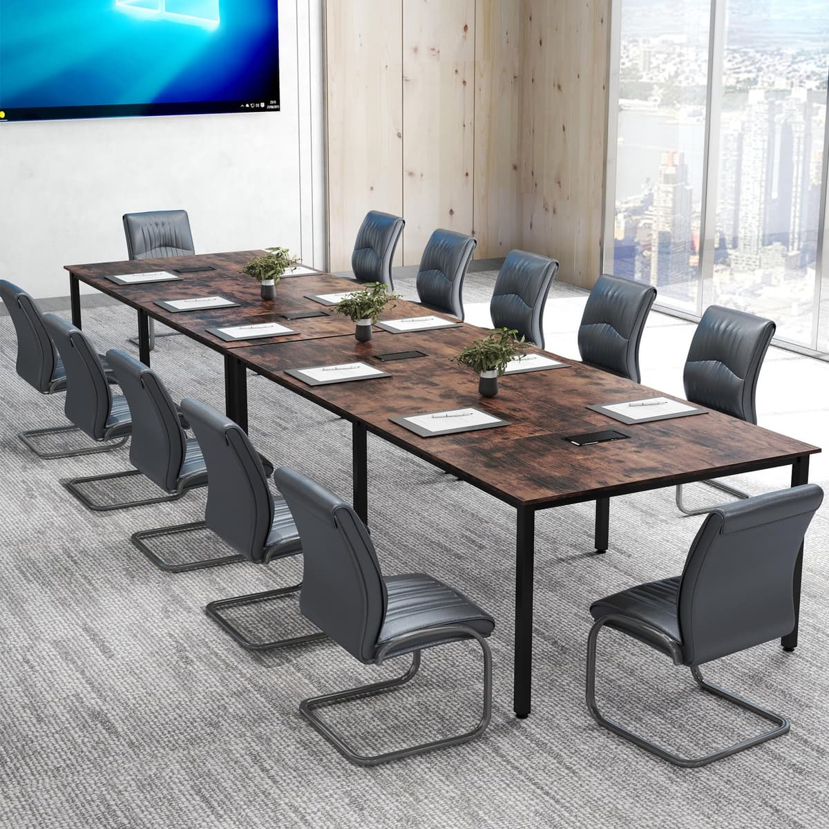 Tangkula Mesa de conferencia 8 ft 95" x 48" estilo moderno (Rustic Brown, juego de 2) 10813-CB-TA