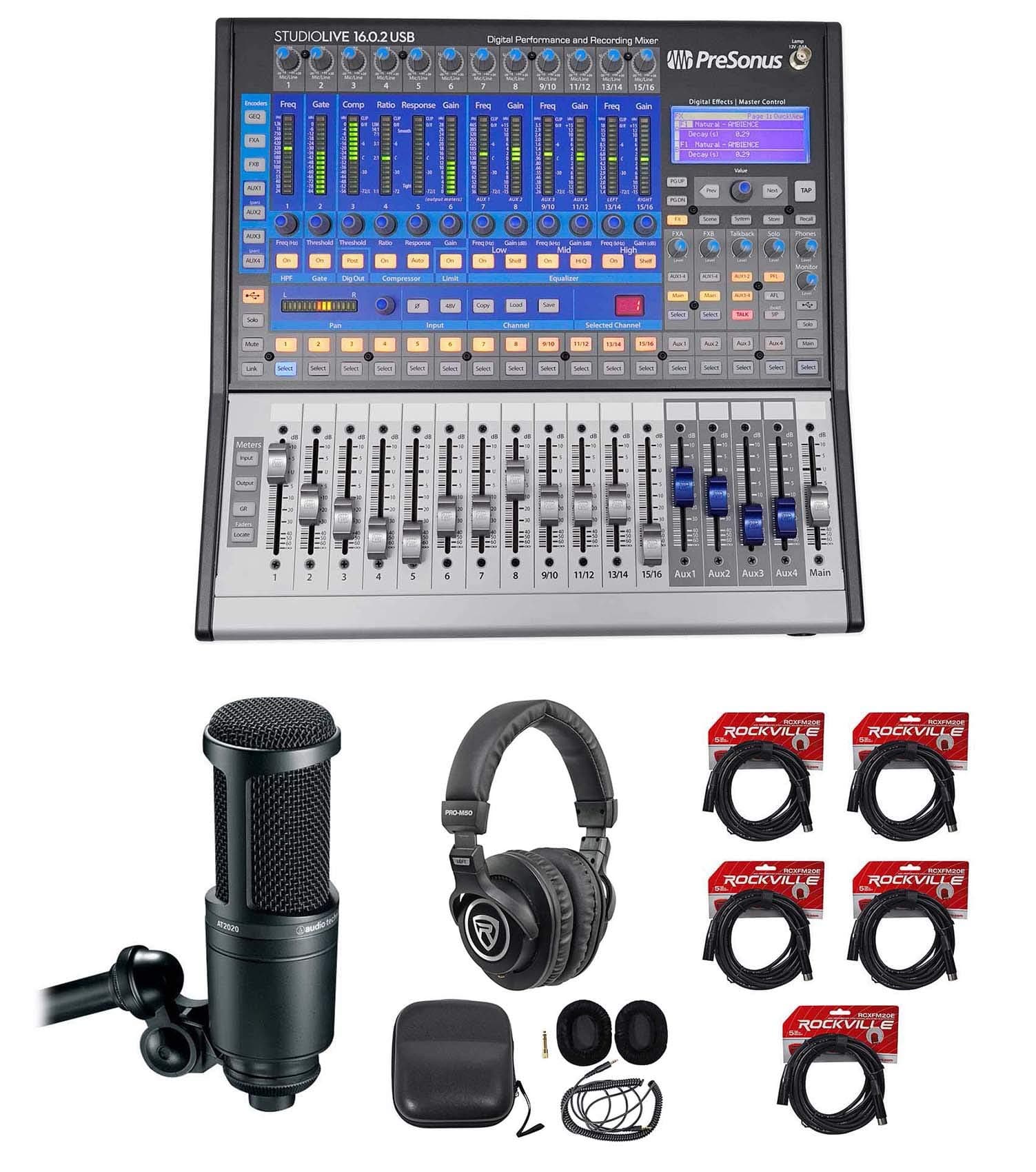 PreSonus StudioLive 16.0.2 Bundle con AT2020, PRO-M50 y 5 Cables XLR SL-1602 USB+AT2020+PRO-M50