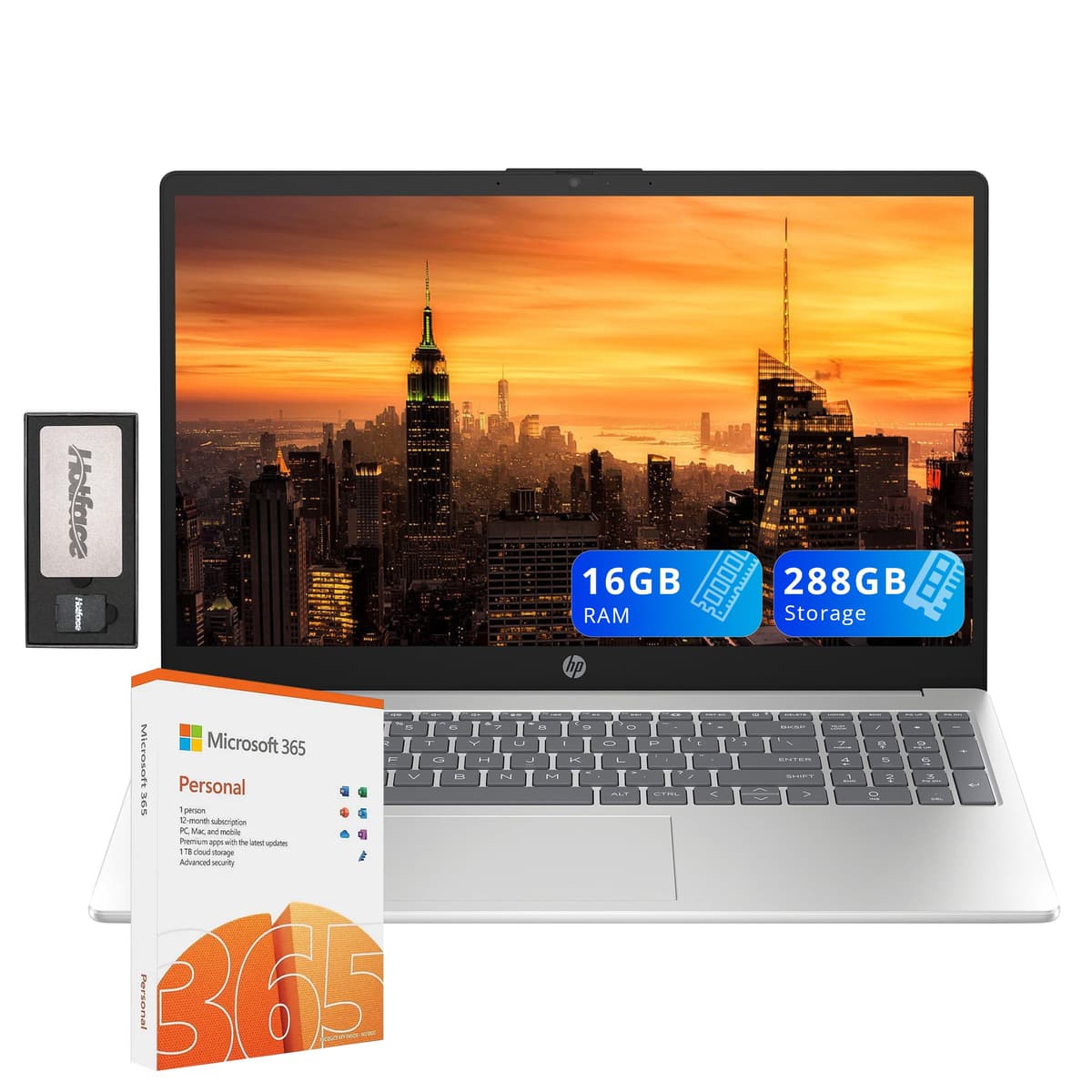 HP 15.6" HD Laptop, Intel Pentium N200, 16GB RAM DDR4, 288GB de almacenamiento (128GB UFS + estación de acoplamiento de 160GB), Gráficos Intel UHD, teclado numérico, cámara 720p, Wi-Fi 6,1 año Office 365, Windows 11, plateado