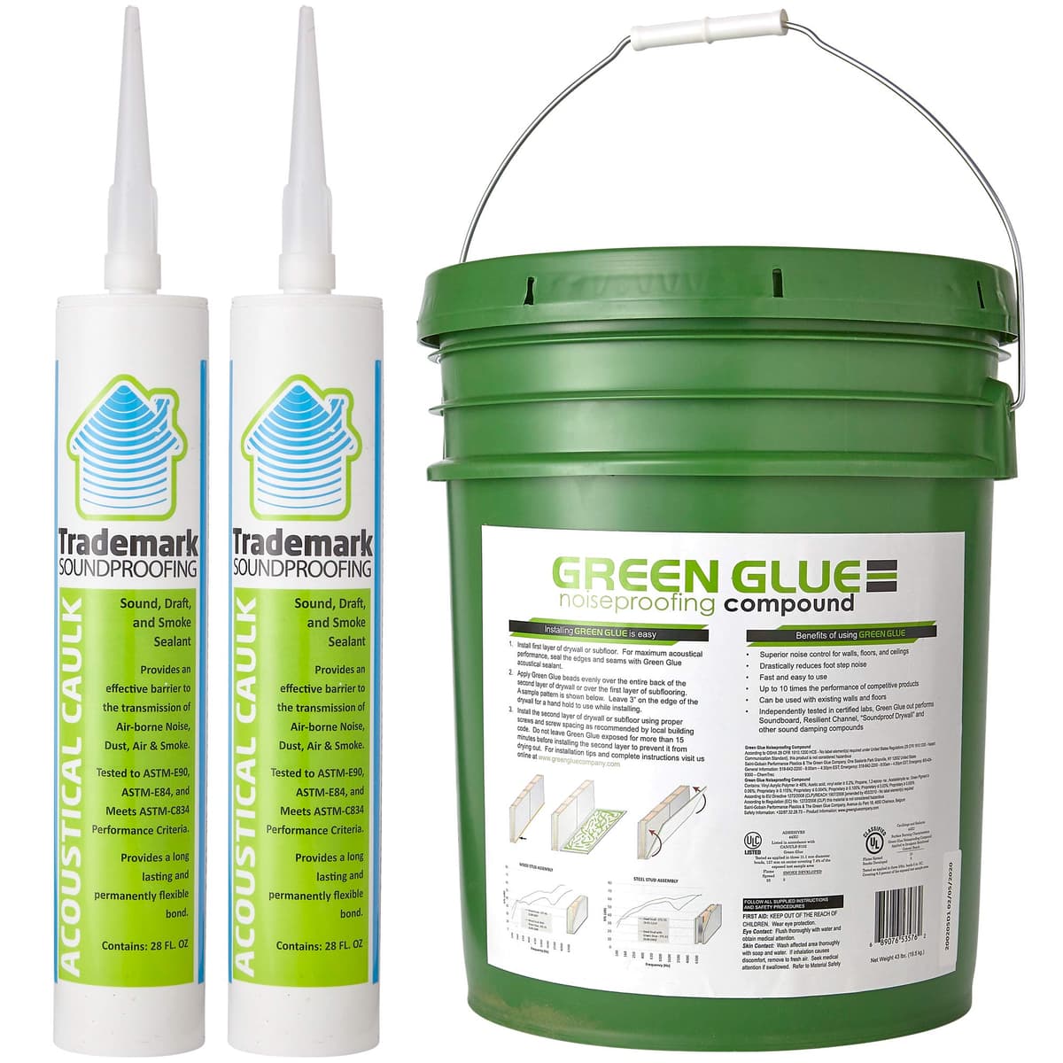 Trademark Soundproofing Green Glue Compound 5-Gallon Bucket con Dos Tubos de Acabado Acústico 29 oz - Bundle GG05TMAC2