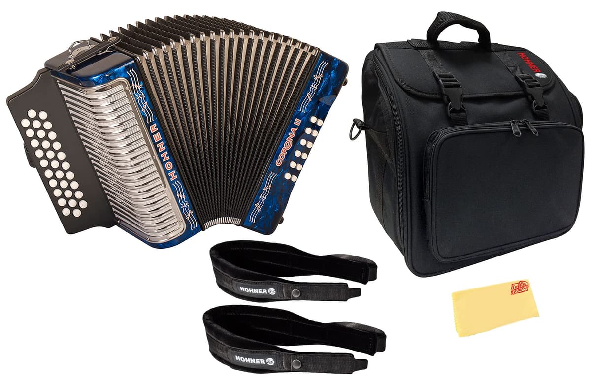 Hohner Corona II G/C/F Acordeón - Pearl Dark Blue con gig bag y accesorios AUS-3500GBL-2022-COMBO-DLX