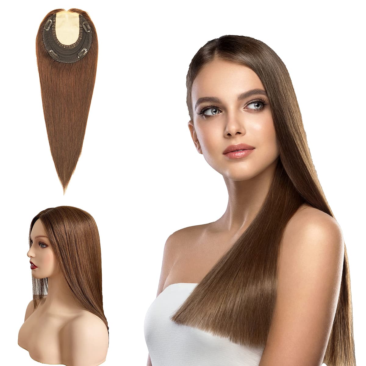 Briiwii Toppers de Cabello Humano 12" Base Silktop 6x6.5, Parte Libre #4 Medium Brown BLT-FS101