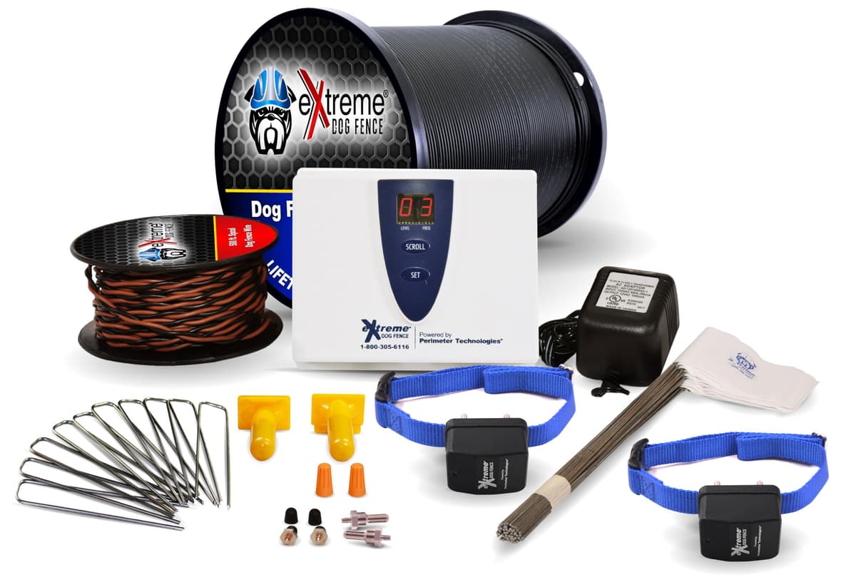 Extreme Dog Fence Cerco Eléctrico para Perros Tercos - 2 Perros 500' de Cable de Calidad Profesional para Cerco de Mascotas de 1/3 Acre y 8 Niveles de Corrección para Perros Más Grandes y Tercos