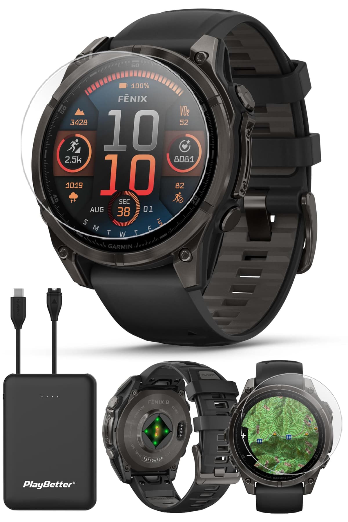 PlayBetter Garmin Fenix 8 AMOLED Sapphire 47mm (Carbon Gray DLC Titanium) Bundle con cargador portátil y protectores 010-02904-20 (Watch) | Z05 (Charger)