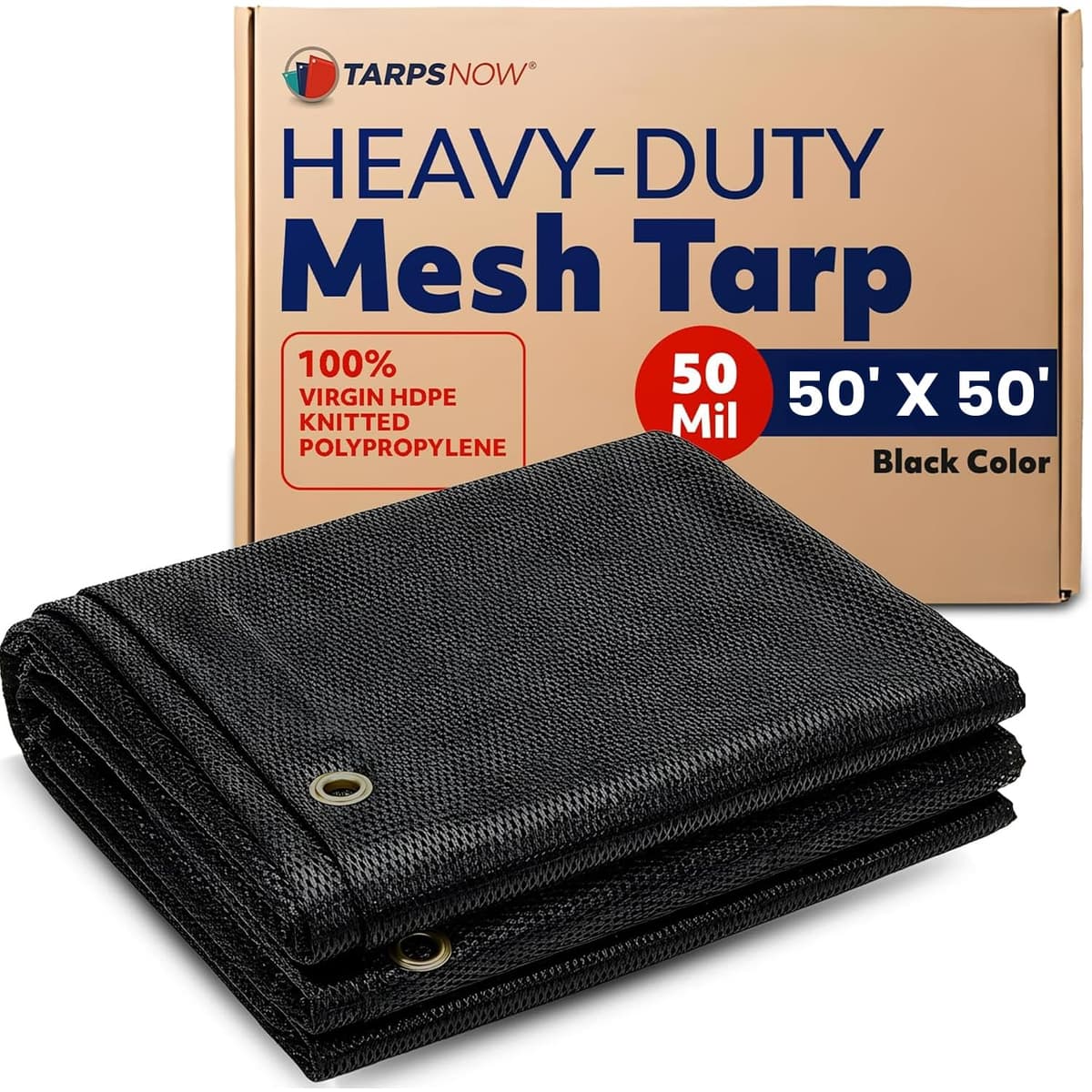 Tarps Now 50' x 50' Heavy Duty Mesh Tarp 75% Shade con Ojales de Latón - Negro 1