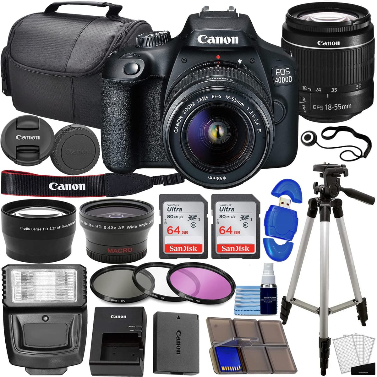 Cámara DSLR Canon EOS 4000D / Rebel T100 con objetivo EF-S 18-55mm f/3.5-5.6, kit de 3 objetivos, incluye tarjeta de 128GB + gran angular + teleobjetivo + flash + más (Reacondicionado) Negro 3011C007K38-128-cr