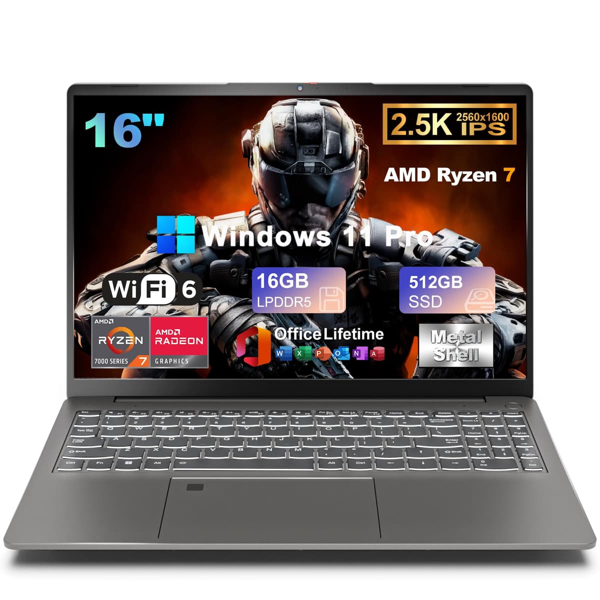 Soulgenix Laptop para juegos de 16" IPS 2.5K, AMD Ryzen 7 6800H de 8 núcleos hasta 4.7 GHz, 16GB DDR5, 512GB SSD, AMD Radeon 680M, sensor de huellas, teclado retroiluminado, WiFi 6, Type-C, con Office perpetuo y Windows 11 Pro 16 inch R7 Laptop