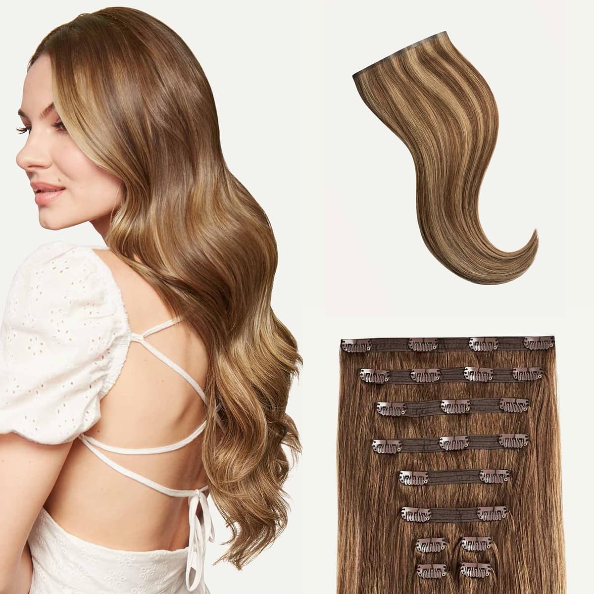 Luxy 24" Classic Clip-In 100% Remy - Chestnut Brown Highlights, 240 g (10 piezas)