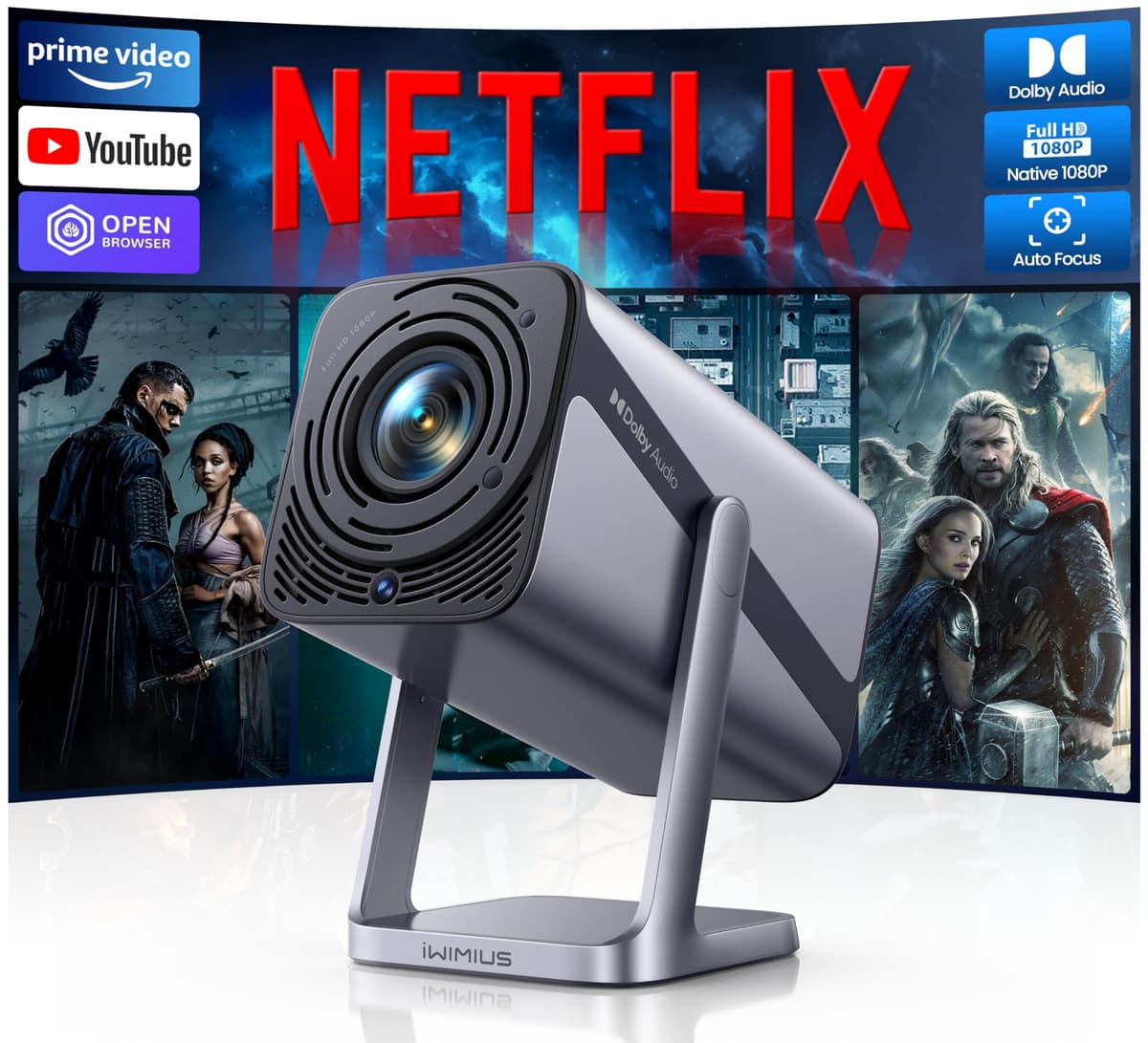 Proyector inteligente iWIMIUS S29 con WiFi 6, Bluetooth 2-vías y soporte 360° (Silver gray)