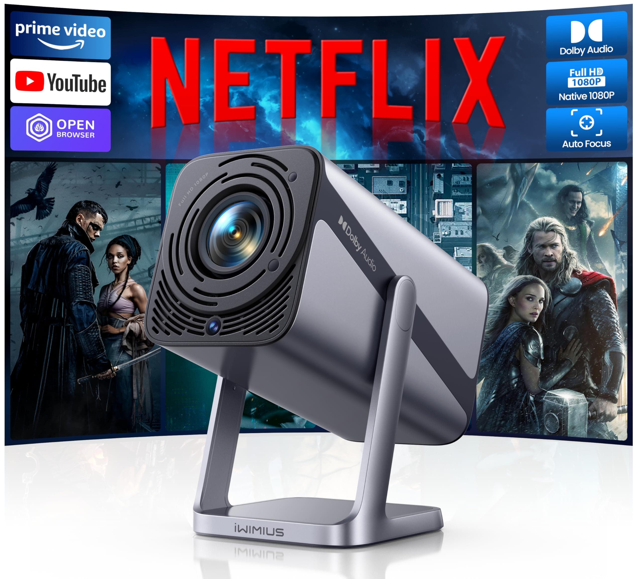 Proyector inteligente iWIMIUS S29 con WiFi 6, Bluetooth 2-vías y soporte 360° (Silver gray)