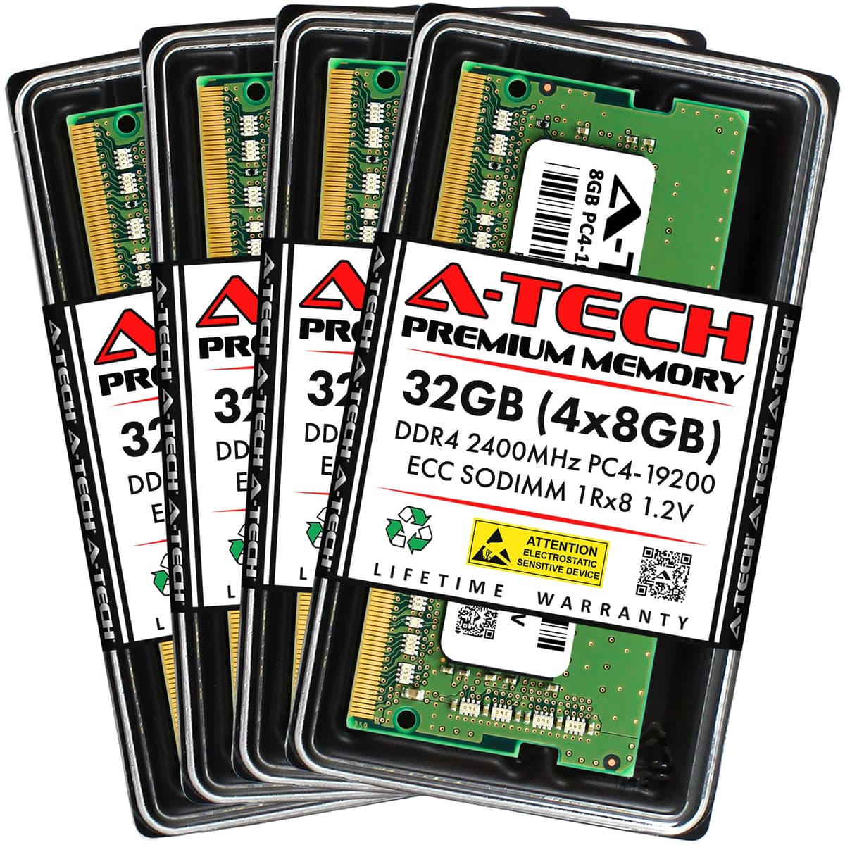 Kit A-Tech 32GB (4x8GB) DDR4 2400MHz PC4-19200 ECC SODIMM 1Rx8 Unicara 1.2V 260 pines Módulos de Memoria RAM para Microservidor, Estación de Trabajo y Plataformas de Redes AT8G4D4S2400ES8N12V