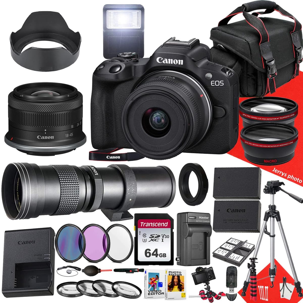 Cámara sin espejo Canon EOS R50 con lentes 18-45 mm y 420-800 mm + memoria de 64 GB + parasol + monopod + filtros + trípode + más (paquete de 30 piezas) (Reacondicionado) EOS R50CAM-011994-4-cr